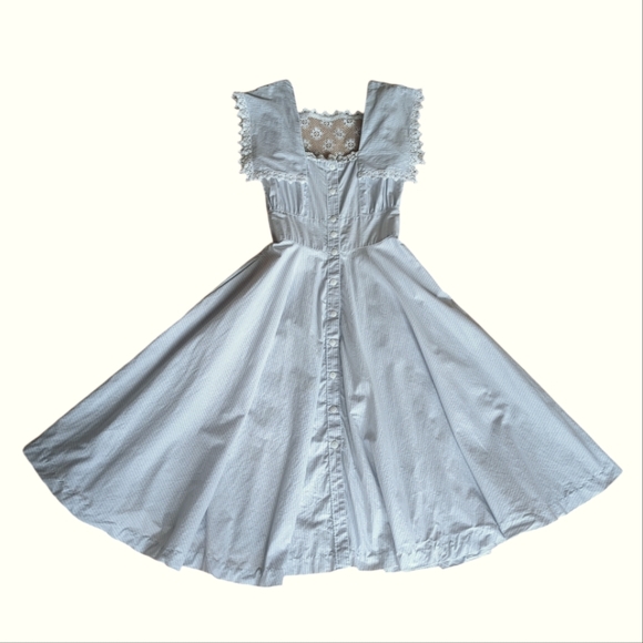 Vintage Gunne Sax Lace Crochet Striped Prairie Dress 7 Blue White - Picture 13 of 16